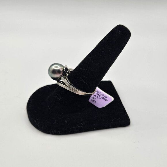 New Gray Tahitian Pearl Sterling Silver Rind Size 7 Diamond Accent 10mm - Picture 8 of 10